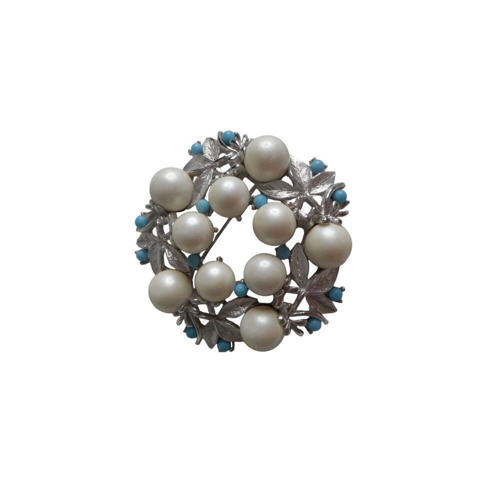 Vtg Estate Costume Sarah Coventry Pearl Silver Turquoise Brooch Pin Jewelry